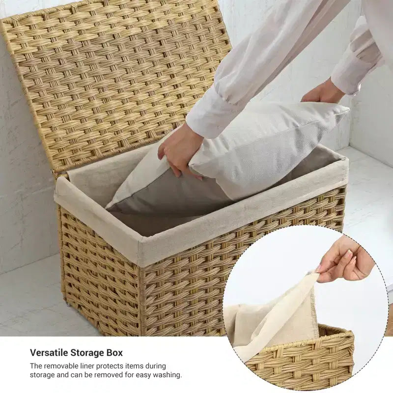 Cesto portaoggetti intrecciato marrone/grigio/naturale con coperchio – 65L, singolo
