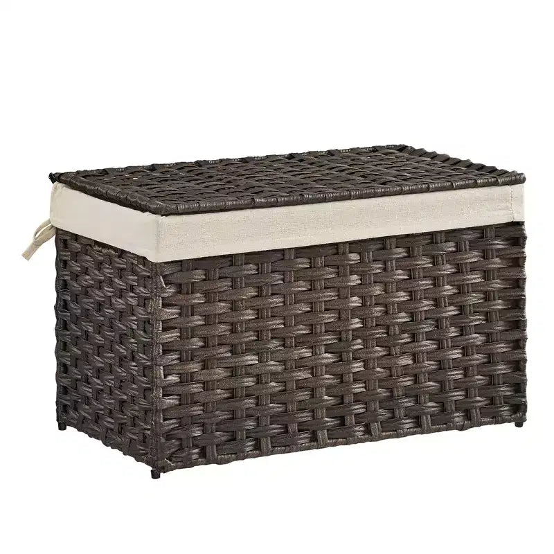 SONGMICS Storage Basket with Lid, 17.2 Gallon (65L) Storage Bin, Woven Blanket Storage Basket with Handles, Foldable, Removable Liner, Metal Frame