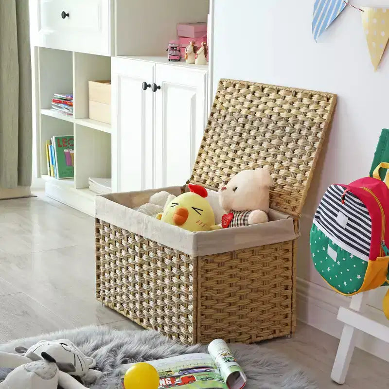 Cesto portaoggetti intrecciato marrone/grigio/naturale con coperchio – 65L, singolo