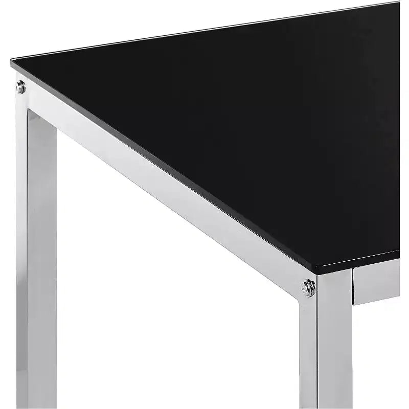 Tavolo da pranzo rettangolare con piano in vetro nero e base cromata, 4 posti