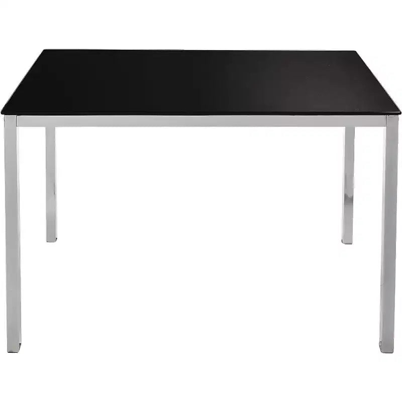 Tavolo da pranzo rettangolare con piano in vetro nero e base cromata, 4 posti