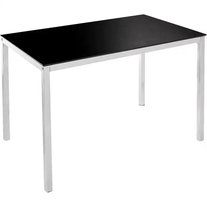 Tavolo da pranzo rettangolare con piano in vetro nero e base cromata, 4 posti