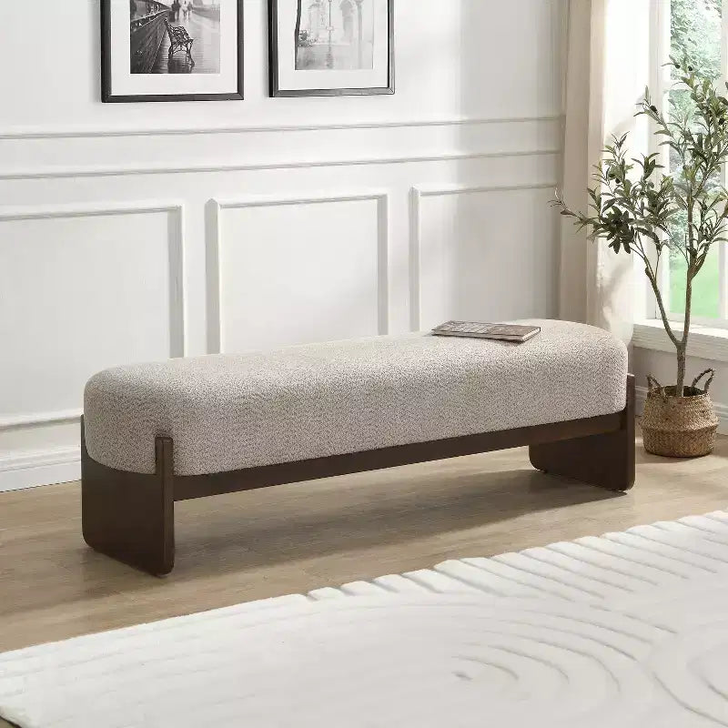 Pouf rettangolare in filato bouclé beige, monoposto, stile moderno