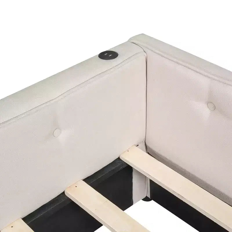 Letto a piattaforma Queen beige, rivestito in lino, porte USB e 2 cassetti, per 1-2 persone