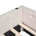Letto a piattaforma Queen beige, rivestito in lino, porte USB e 2 cassetti, per 1-2 persone