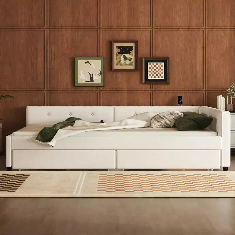 Letto a piattaforma Queen beige, rivestito in lino, porte USB e 2 cassetti, per 1-2 persone