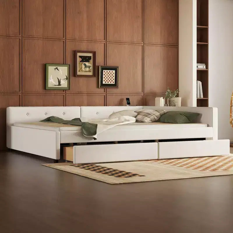 Letto a piattaforma Queen beige, rivestito in lino, porte USB e 2 cassetti, per 1-2 persone