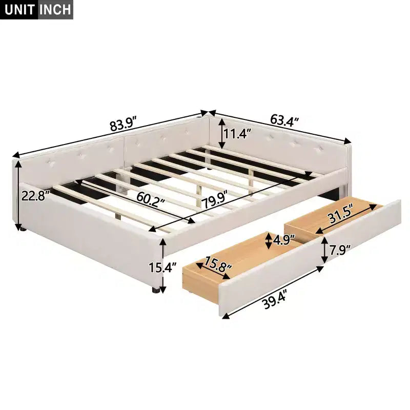 Letto a piattaforma Queen beige, rivestito in lino, porte USB e 2 cassetti, per 1-2 persone