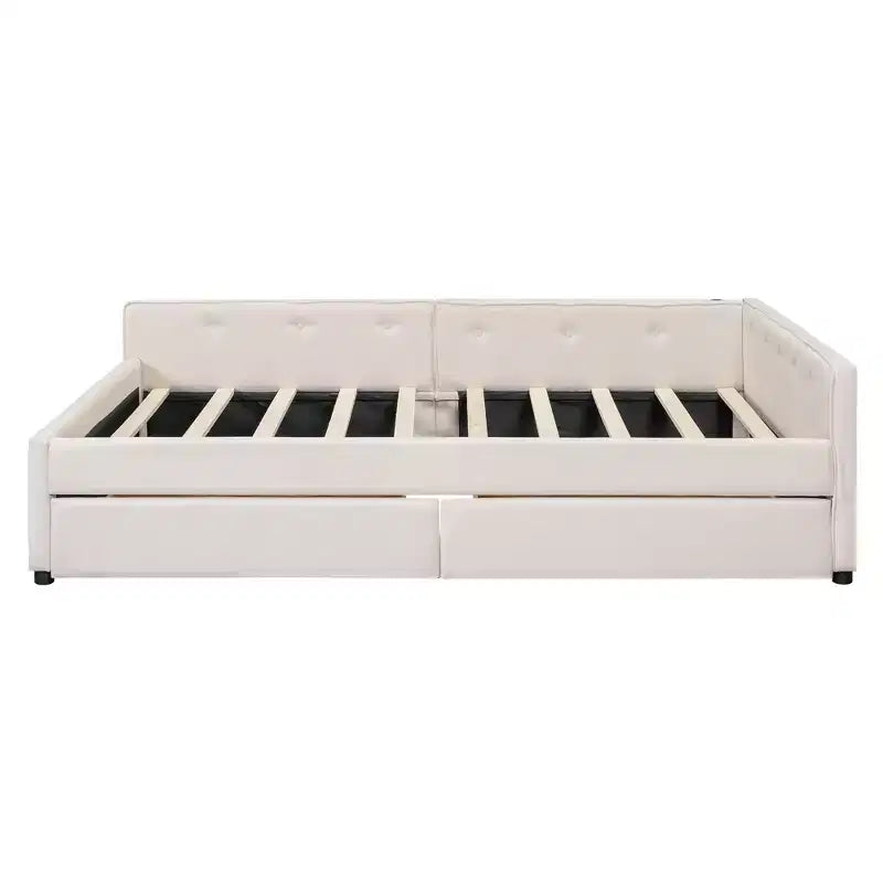 Letto a piattaforma Queen beige, rivestito in lino, porte USB e 2 cassetti, per 1-2 persone