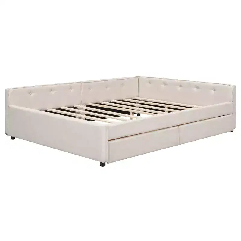 Letto a piattaforma Queen beige, rivestito in lino, porte USB e 2 cassetti, per 1-2 persone