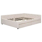 Letto a piattaforma Queen beige, rivestito in lino, porte USB e 2 cassetti, per 1-2 persone
