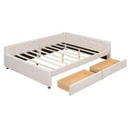 Letto a piattaforma Queen beige, rivestito in lino, porte USB e 2 cassetti, per 1-2 persone