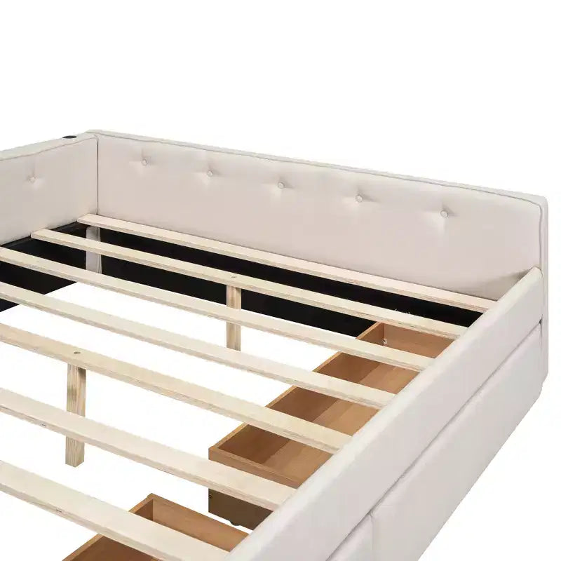 Letto a piattaforma Queen beige, rivestito in lino, porte USB e 2 cassetti, per 1-2 persone
