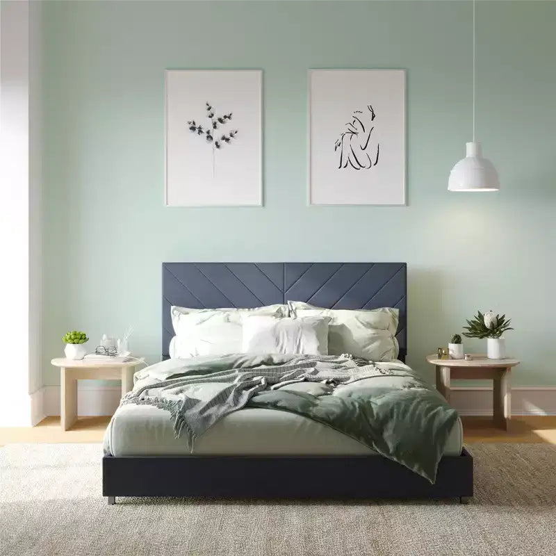 Letto queen size imbottito grigio con piattaforma e porta di ricarica USB, 1-2 persone