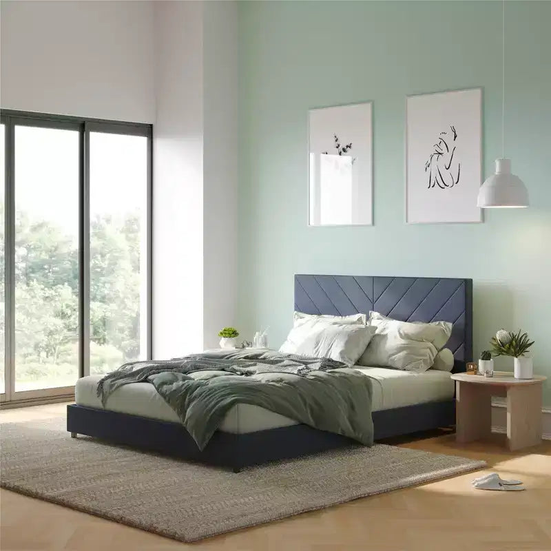 Letto queen size imbottito grigio con piattaforma e porta di ricarica USB, 1-2 persone