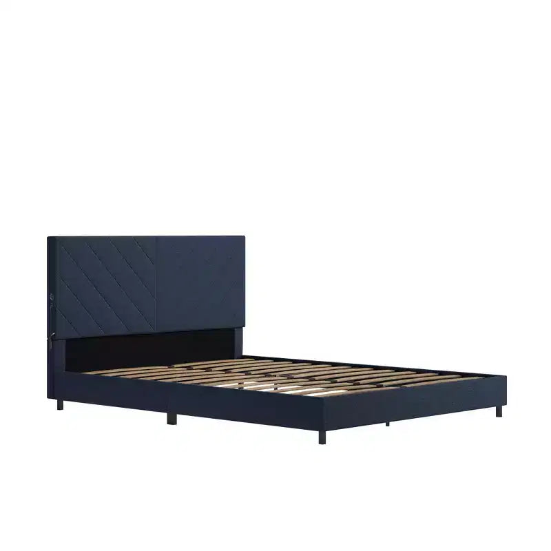 Letto queen size imbottito grigio con piattaforma e porta di ricarica USB, 1-2 persone