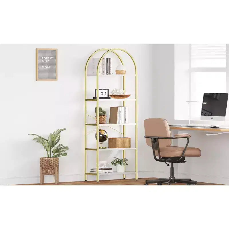 Libreria ad Arco a 5 Ripiani Oro e Bianca, Stile Industriale, Monoblocco