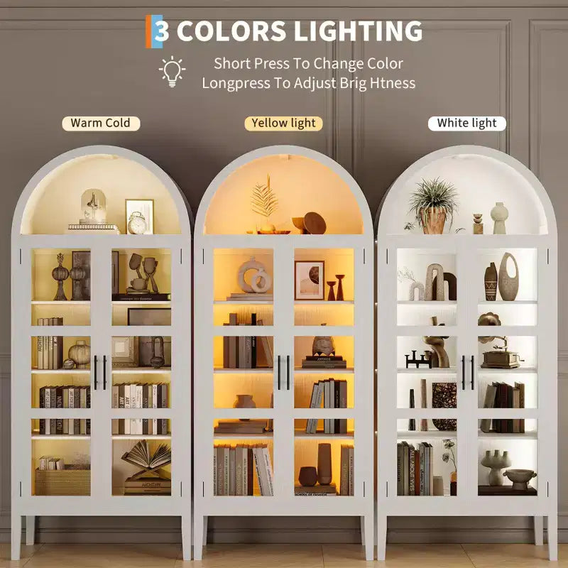 Mobile dispensa da cucina con arco, bianco/nero, con luci LED, ante in vetro e ripiani regolabili, montaggio a 1 persona