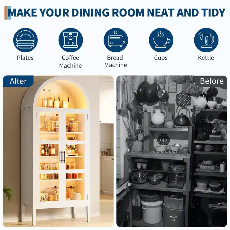 Mobile dispensa da cucina con arco, bianco/nero, con luci LED, ante in vetro e ripiani regolabili, montaggio a 1 persona