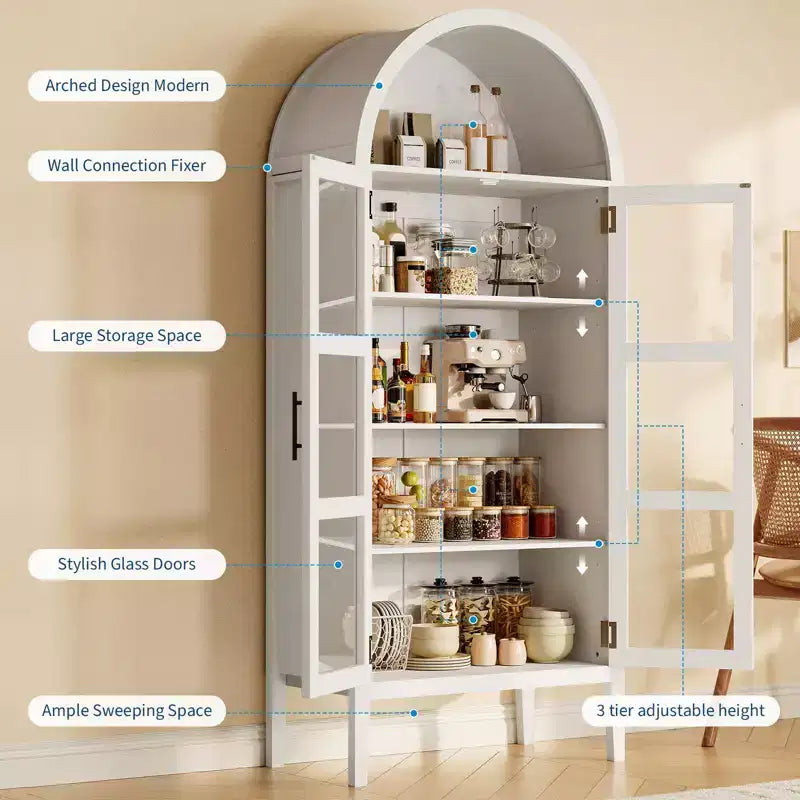 Mobile dispensa da cucina con arco, bianco/nero, con luci LED, ante in vetro e ripiani regolabili, montaggio a 1 persona