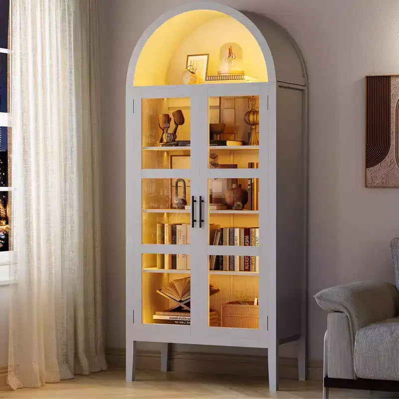 Mobile dispensa da cucina con arco, bianco/nero, con luci LED, ante in vetro e ripiani regolabili, montaggio a 1 persona