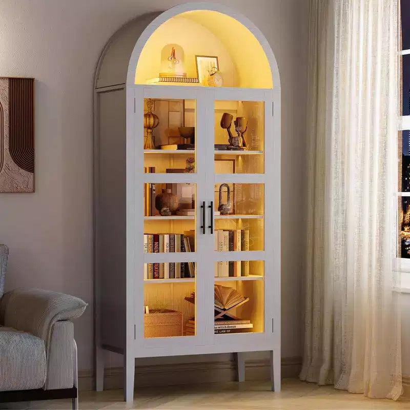 Mobile dispensa da cucina con arco, bianco/nero, con luci LED, ante in vetro e ripiani regolabili, montaggio a 1 persona