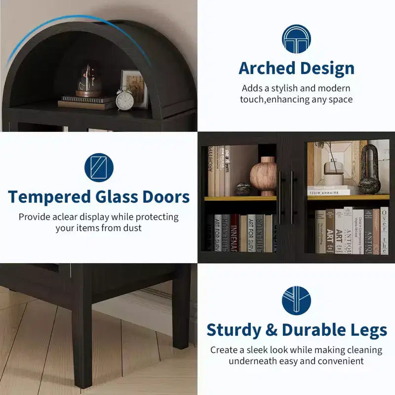 Mobile dispensa da cucina con arco, bianco/nero, con luci LED, ante in vetro e ripiani regolabili, montaggio a 1 persona