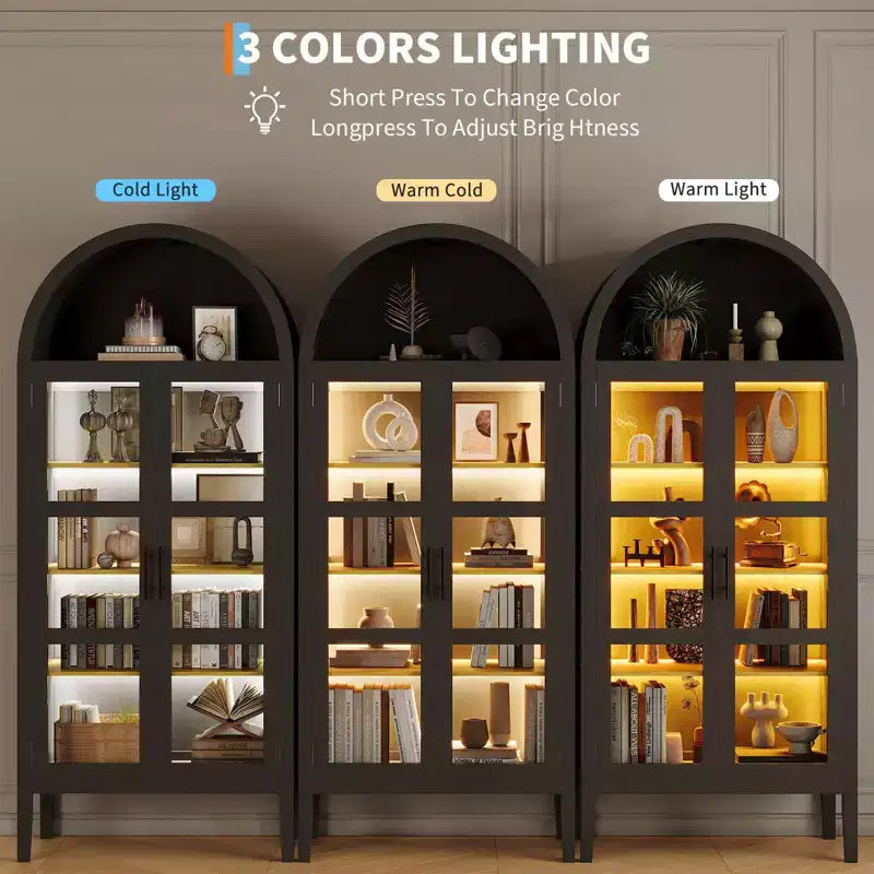 Mobile dispensa da cucina con arco, bianco/nero, con luci LED, ante in vetro e ripiani regolabili, montaggio a 1 persona