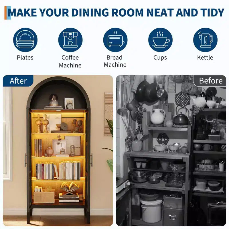 Mobile dispensa da cucina con arco, bianco/nero, con luci LED, ante in vetro e ripiani regolabili, montaggio a 1 persona