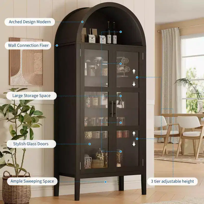 Mobile dispensa da cucina con arco, bianco/nero, con luci LED, ante in vetro e ripiani regolabili, montaggio a 1 persona