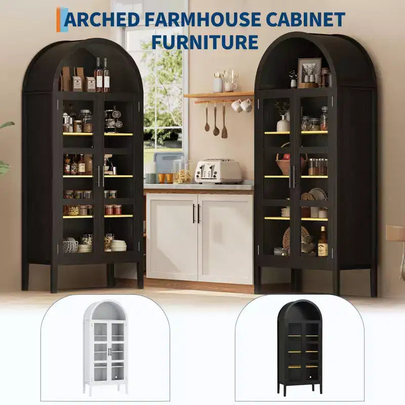 Mobile dispensa da cucina con arco, bianco/nero, con luci LED, ante in vetro e ripiani regolabili, montaggio a 1 persona
