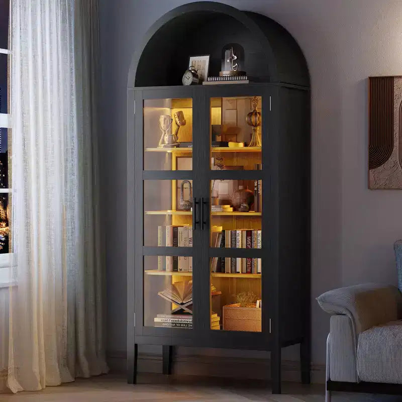 Mobile dispensa da cucina con arco, bianco/nero, con luci LED, ante in vetro e ripiani regolabili, montaggio a 1 persona