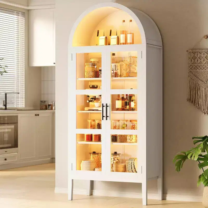 Mobile dispensa da cucina con arco, bianco/nero, con luci LED, ante in vetro e ripiani regolabili, montaggio a 1 persona