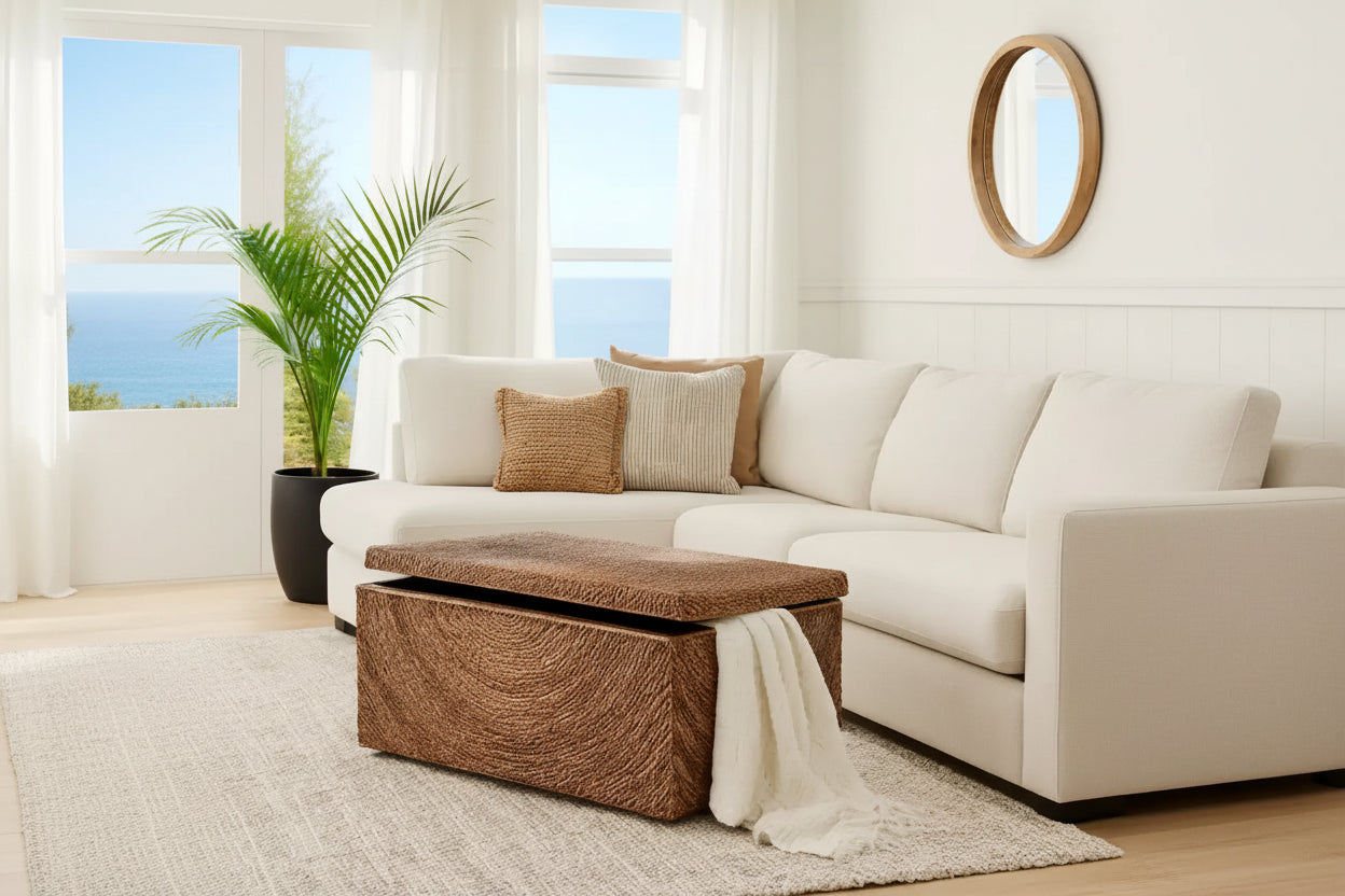 Natural Woven Storage Bench for Bedroom Decor - Stylish Ottoman Bench with Hidden Compartment for Blankets in Living Room - 19, Brown & Tan