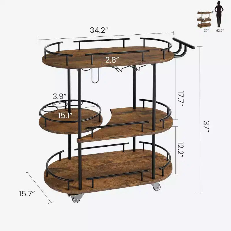 Carrello da bar nero/oro con portabottiglie e porta bicchieri, 4 ripiani