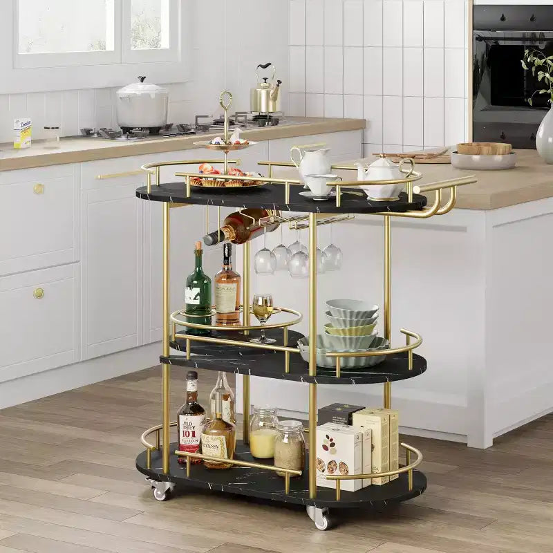 Carrello da bar nero/oro con portabottiglie e porta bicchieri, 4 ripiani