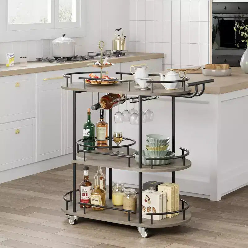 Carrello da bar nero/oro con portabottiglie e porta bicchieri, 4 ripiani