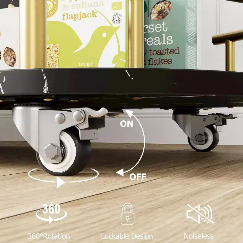 Carrello da bar nero/oro con portabottiglie e porta bicchieri, 4 ripiani