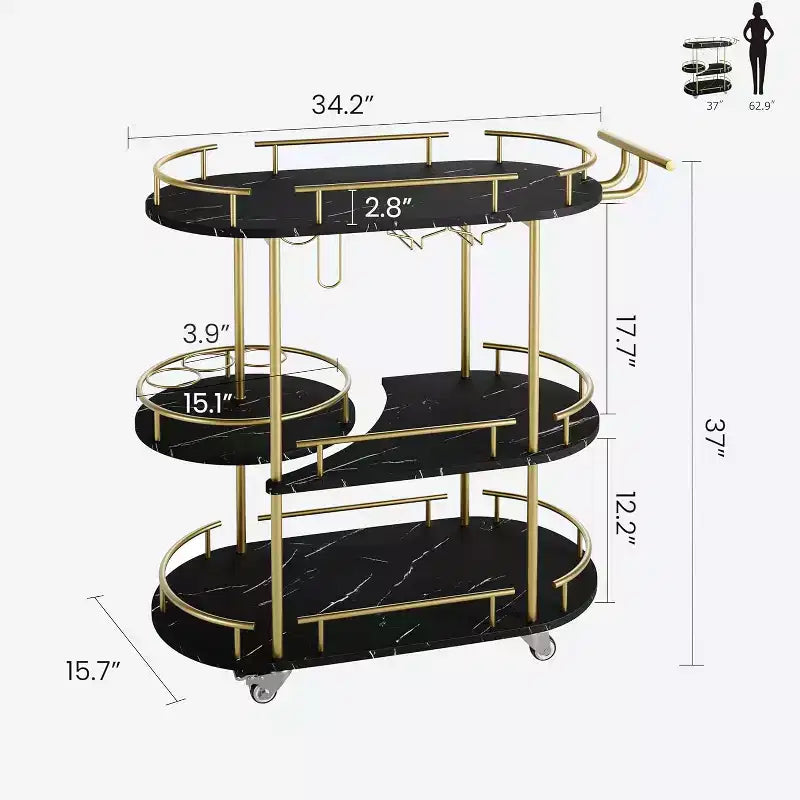 Carrello da bar nero/oro con portabottiglie e porta bicchieri, 4 ripiani