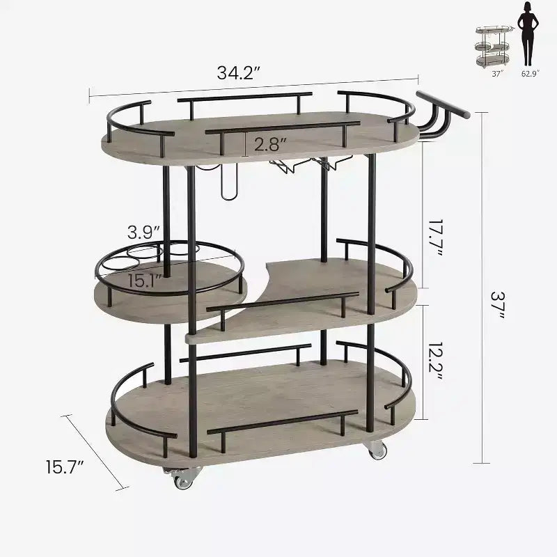 Carrello da bar nero/oro con portabottiglie e porta bicchieri, 4 ripiani