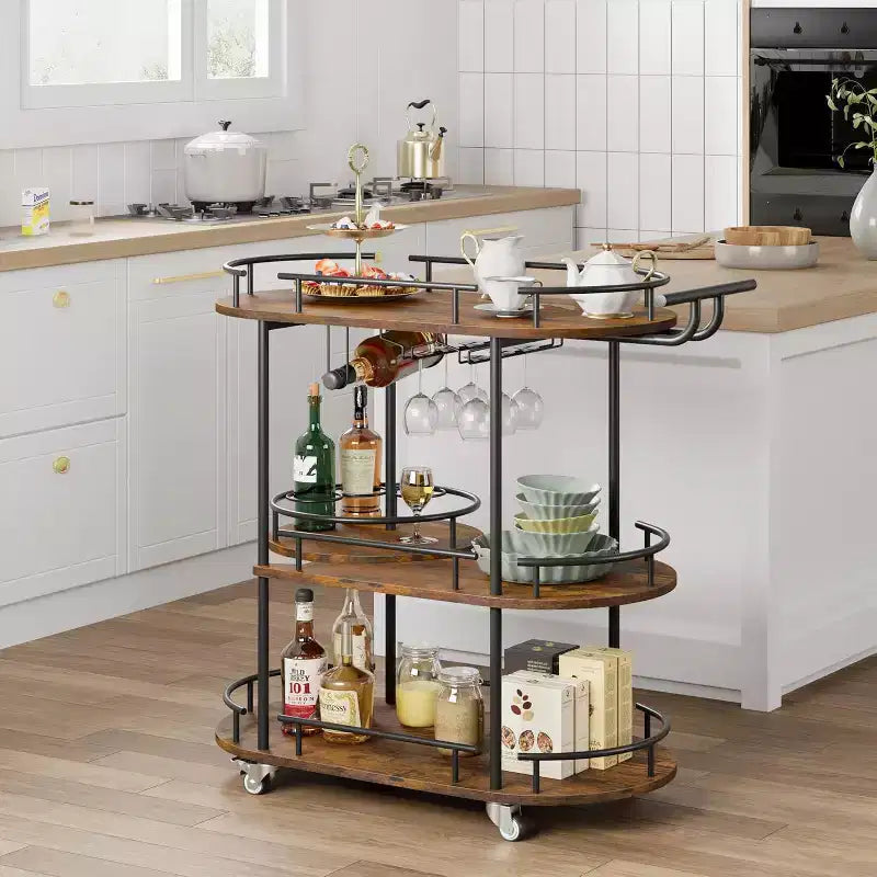 Carrello da bar nero/oro con portabottiglie e porta bicchieri, 4 ripiani