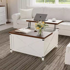 Farmhouse Lift-Top Coffee Table - Brown Square with Hidden Storage, Rustic Industrial Design for Living Room/Home Office/Small Spaces