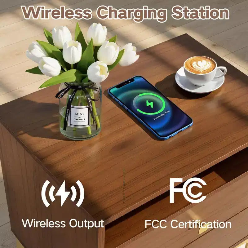 Comodino Boho in Rattan Nero/Marrone con Ricarica Wireless, Set da 2