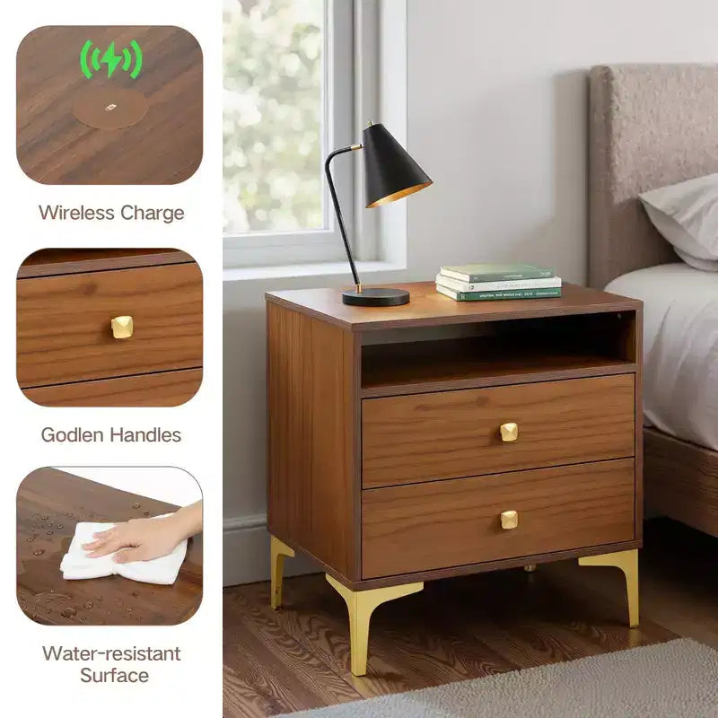 Comodino Boho in Rattan Nero/Marrone con Ricarica Wireless, Set da 2