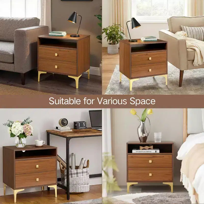 Comodino Boho in Rattan Nero/Marrone con Ricarica Wireless, Set da 2