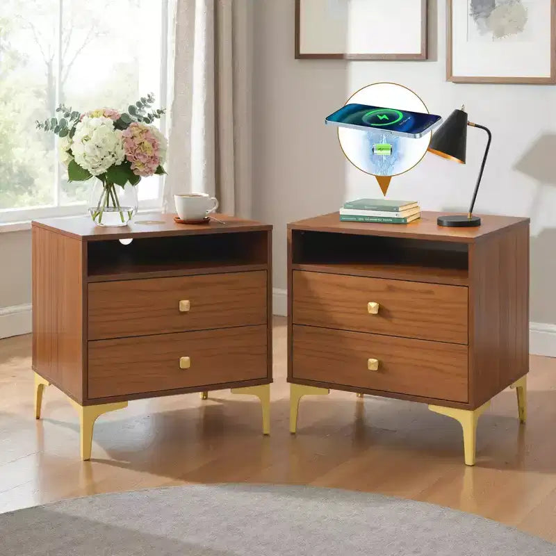 Comodino Boho in Rattan Nero/Marrone con Ricarica Wireless, Set da 2