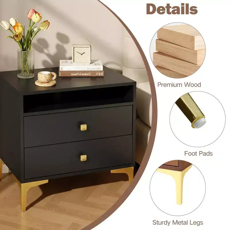 Comodino Boho in Rattan Nero/Marrone con Ricarica Wireless, Set da 2