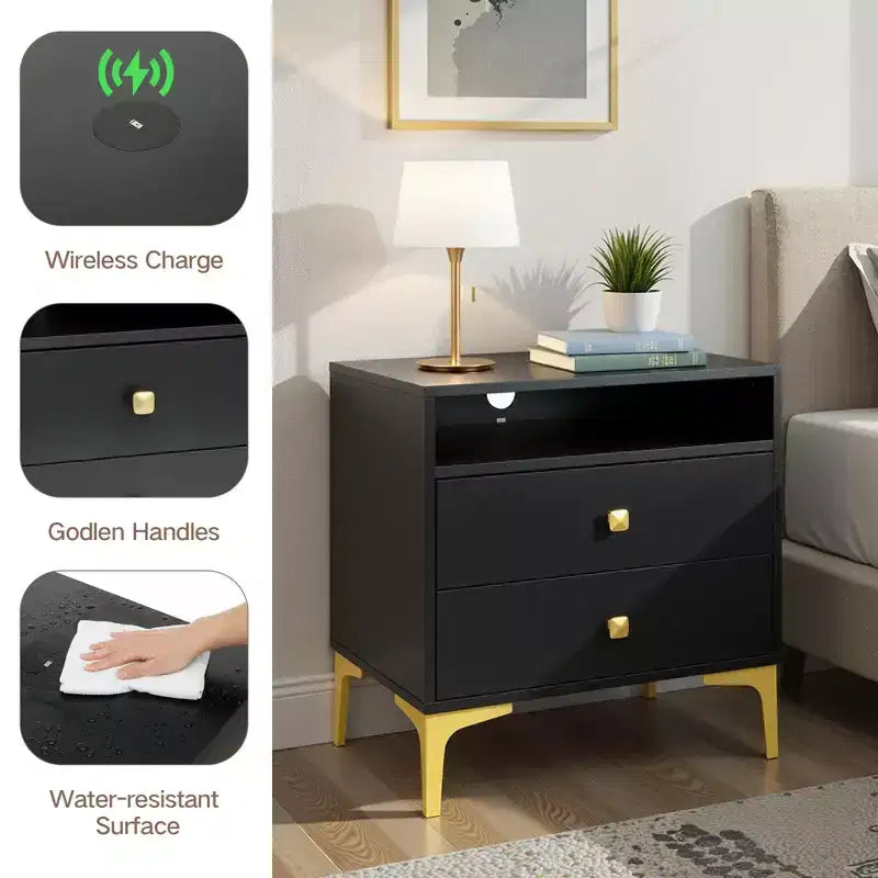 Comodino Boho in Rattan Nero/Marrone con Ricarica Wireless, Set da 2