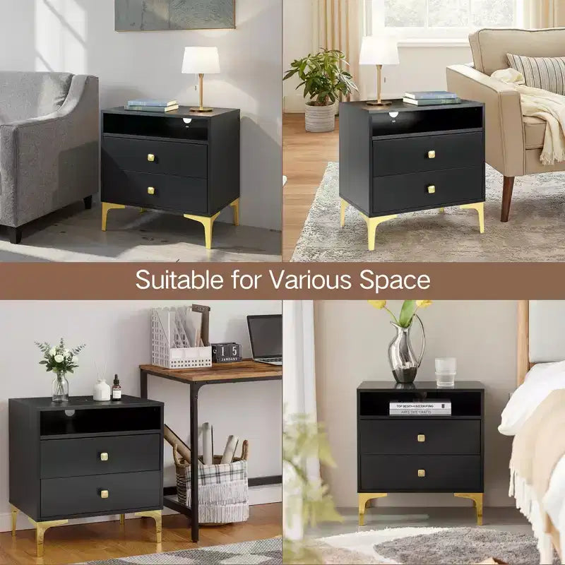 Comodino Boho in Rattan Nero/Marrone con Ricarica Wireless, Set da 2