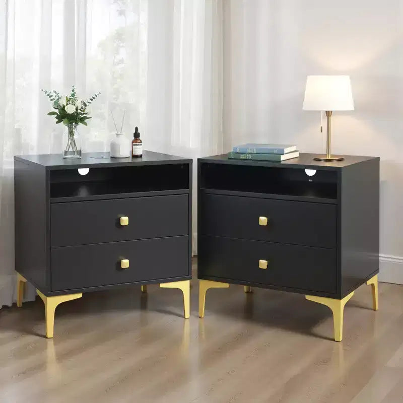 Comodino Boho in Rattan Nero/Marrone con Ricarica Wireless, Set da 2